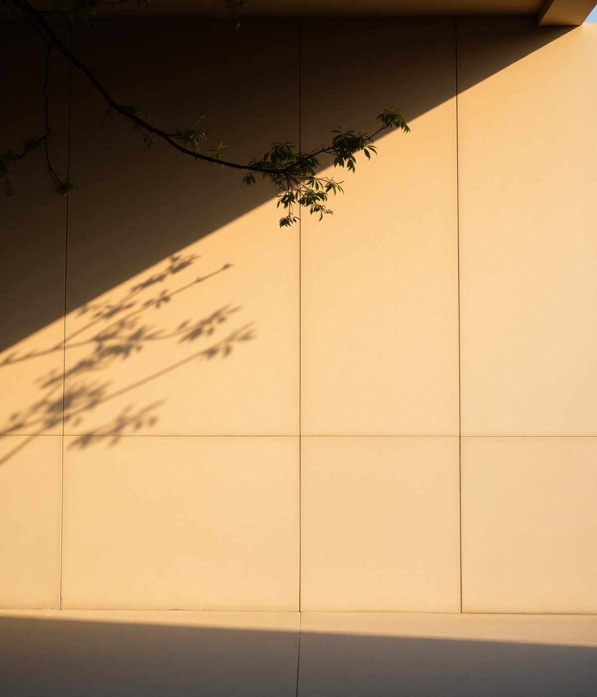 Sunlight and tree shadows across a raw concrete wall