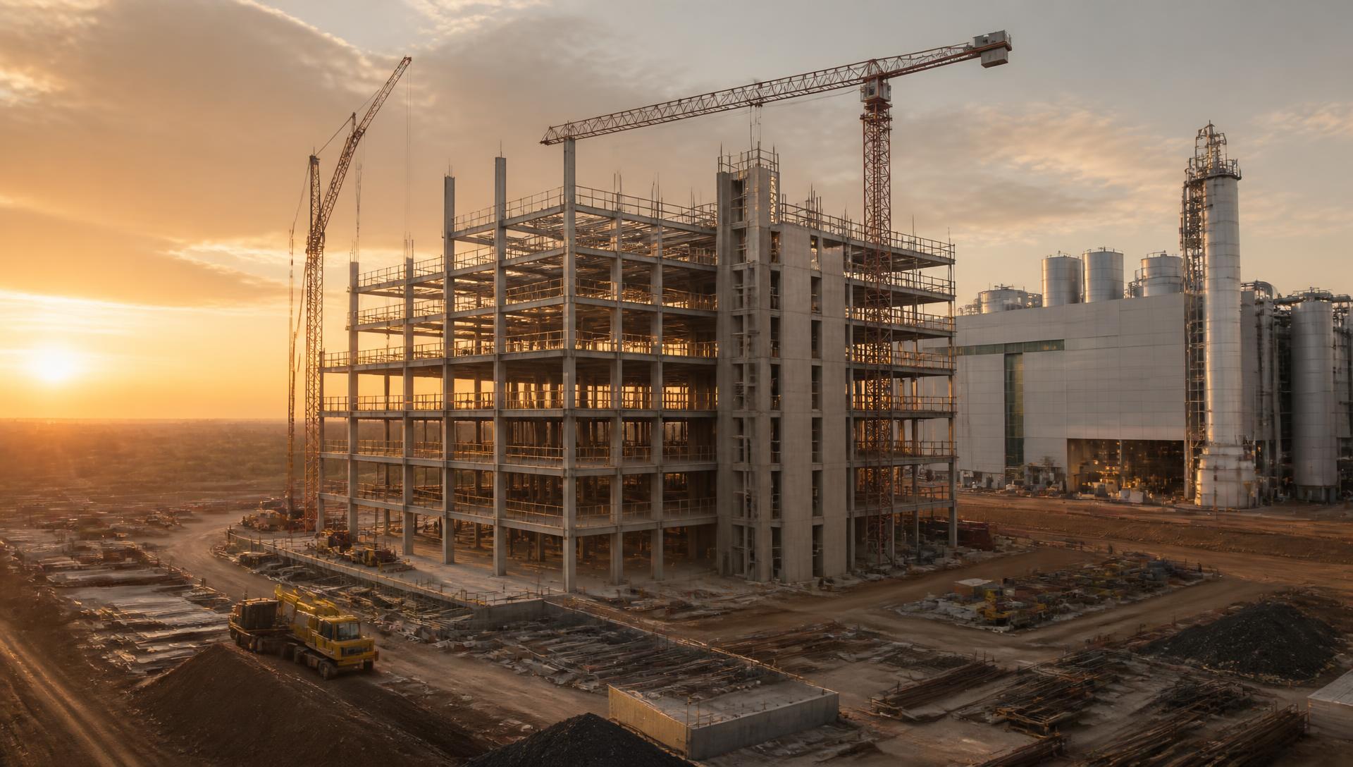 Large-scale development under construction beside a river city at golden hour
